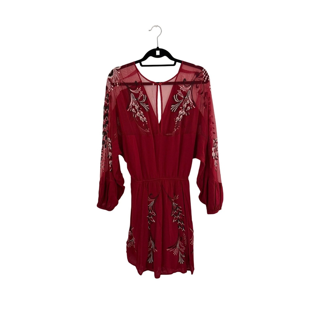 Free People Burgundy Embroidered Mesh Mini Dress M Boho Festival V-Neck Red - Picture 3 of 9